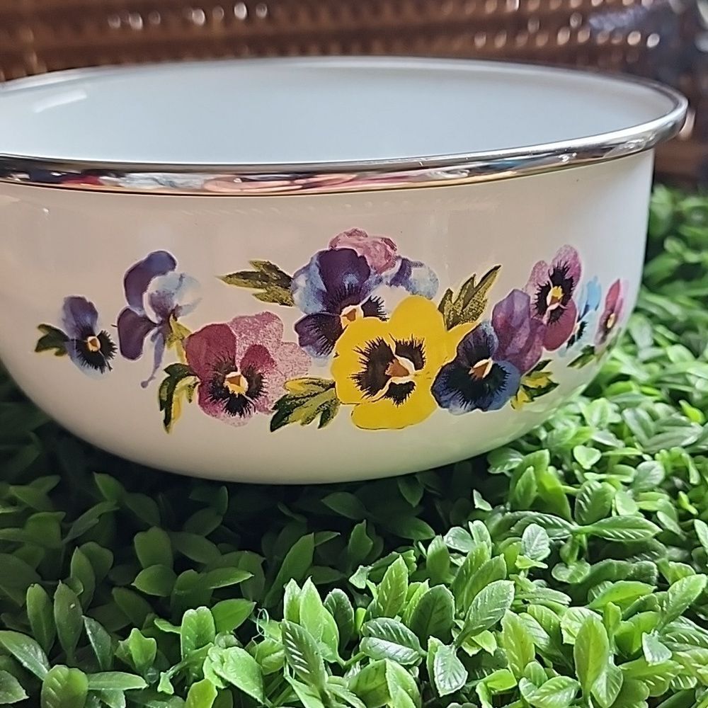 Vintage Enameled Metal Pansy Floral Bowl With Silver Tone Rim